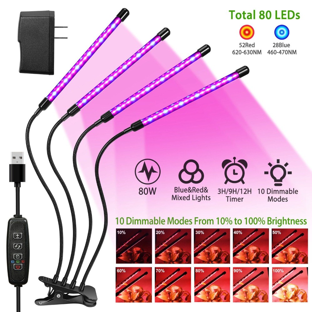 Plant Grow Light Full Spectrum Clip On - Grow Lights for Indoor Plants, 80W